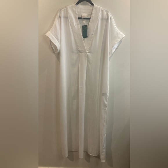 H&M Sz M 100% Lyocell V-Neck Front Pleat Short Sleeve Beach Cover Up Kaftan NEW - Picture 2 of 16